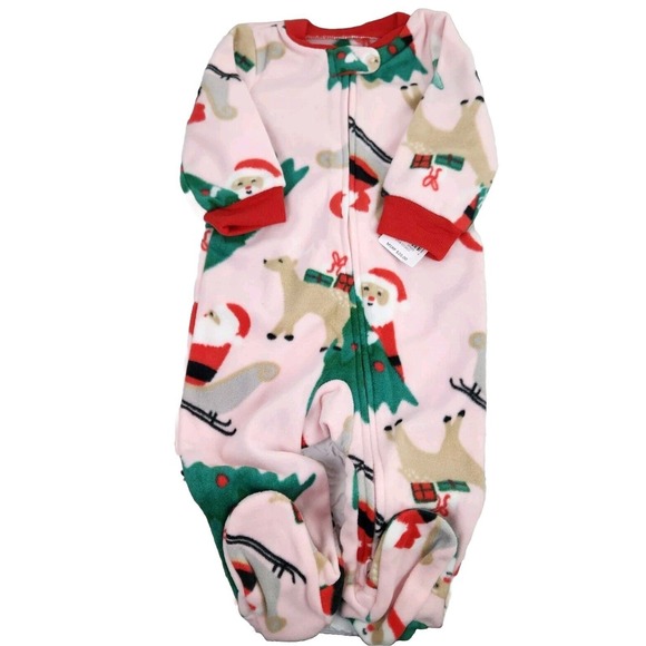 Carter's Pink Santa Christmas Reindeer Sleigh Fleece Footed Sleeper Pajamas 6M - Picture 1 of 4